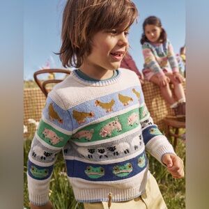 Mini Boden Kids All Over Fair Isle Sweater Easter Farm Animals Sz 7-8
